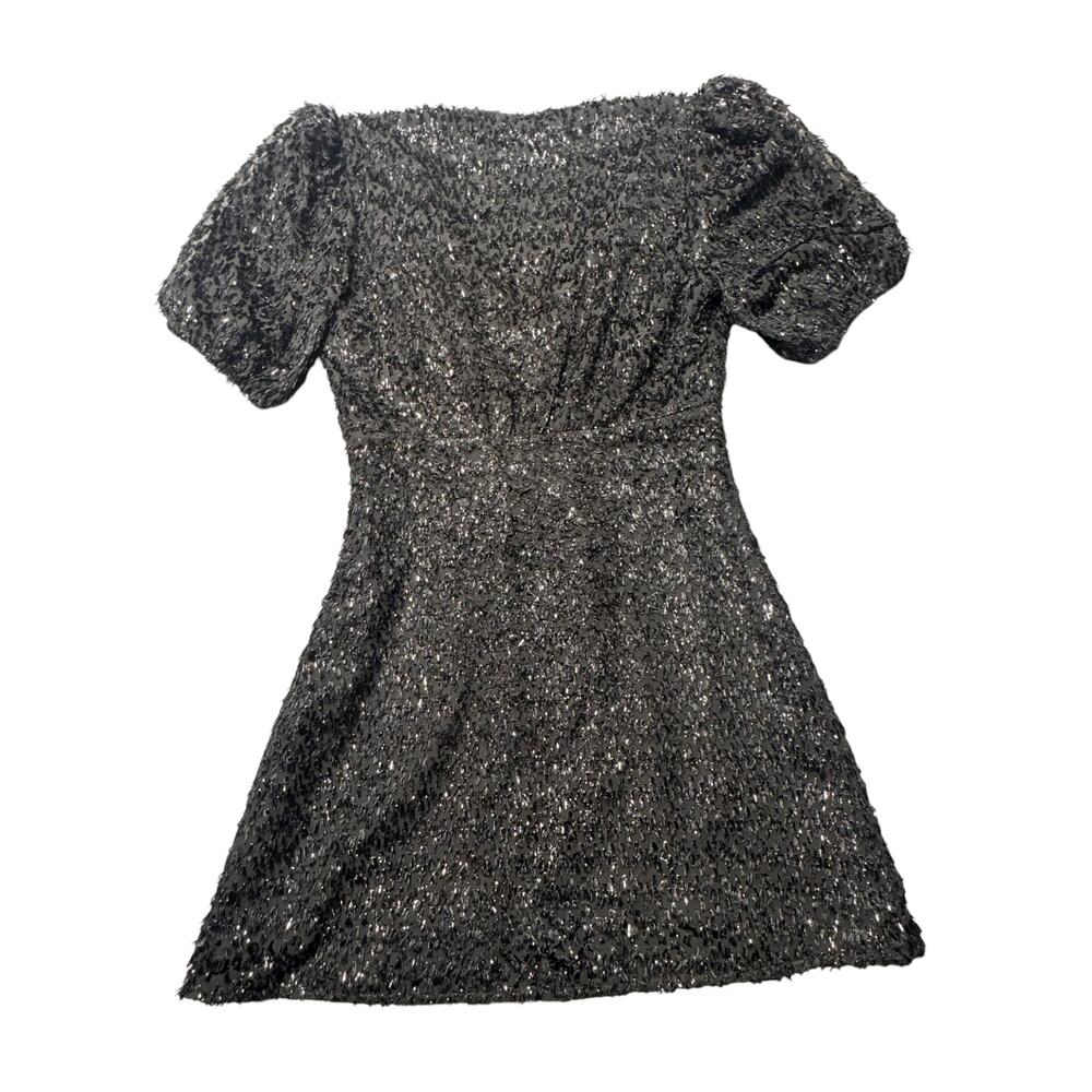 Staud Mini Dress Womens 8 Black Textured Tinsel Fringe Puff Sleeve Lined Modern - Picture 5 of 11